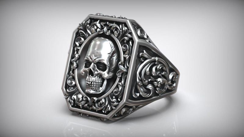 Royal Vintage Skull Rococo Pattern Signet