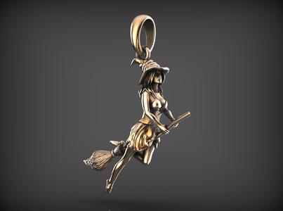 Magic Fly Woman on Broom Witch in a Hat Pendant