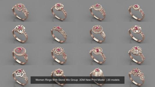 19 Files – Women Ring With Stone Mix Group  3DM STL Print Model  3D Model Collection