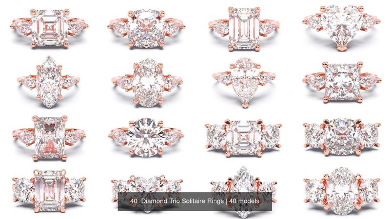 40  Diamond Trio Solitaire Rings 3D Model Collection