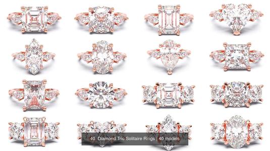 40  Diamond Trio Solitaire Rings 3D Model Collection