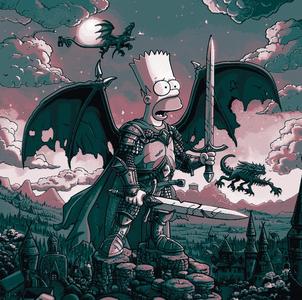 Fan Art of the Simpsons – Bart Simpson as an Aged Winged Knight in a fantasy Realm