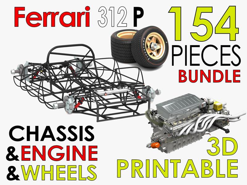 Ferrari 312 P Chassis Frame – Engine – Wheels Pack Bundle 3D Model Collection