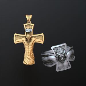 Jesus Crucifixion cross ring pendant set