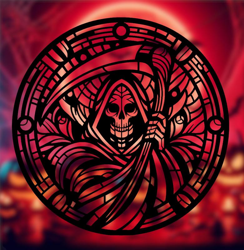 Spooky Halloween 2024 Series – Grim Reaper Stained Glass Style (2D Geometric Wall Art)