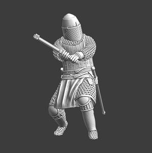 Medieval knight swinging warhammer