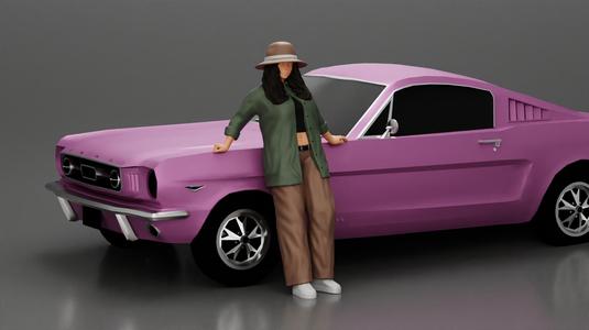 lowrider chola girl is leaning against the car, wearing a hat and long open shirt with