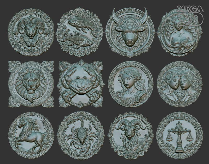 12 Zodiacl Bas Relief Pendant 230823 3D Model Collection