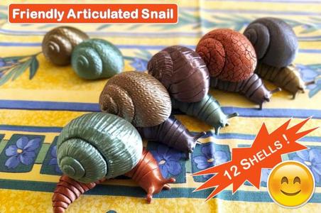 Friendly articulated snail with 12 different shells