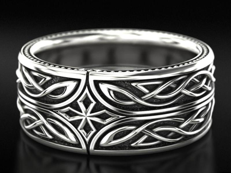 Mens ring in silver with patterns and a cross 776