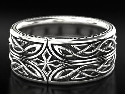 Mens ring in silver with patterns and a cross 776