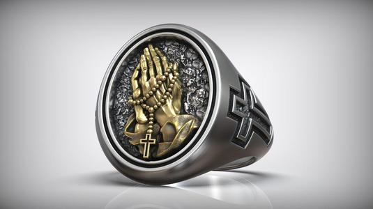 Praying Hands Holy Rosary Christian Catholic Signet