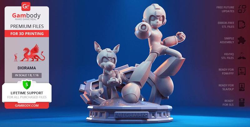Mega Man & Rush in Diorama STL files for 3D Printing | Assembly Model