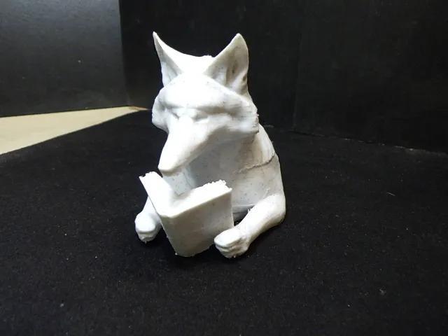 Bust of wolf reading a book.