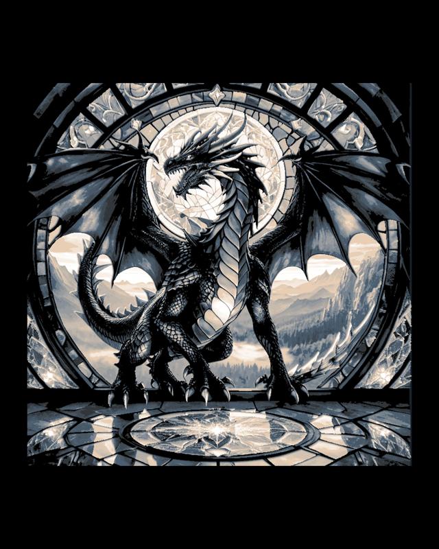 Classic Grand Dragon in front of a stained glass window in the Castle – Fantasy Hueforge art