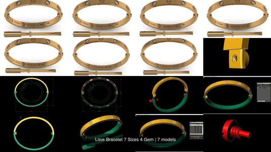 Love Bracelet 7 Sizes 4 Gem 3D Model Collection