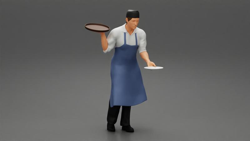 The waiter places the tray on the table and carrying another