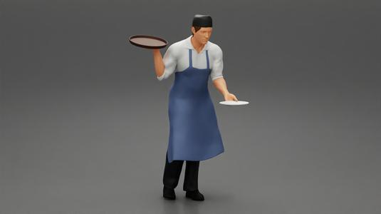 The waiter places the tray on the table and carrying another