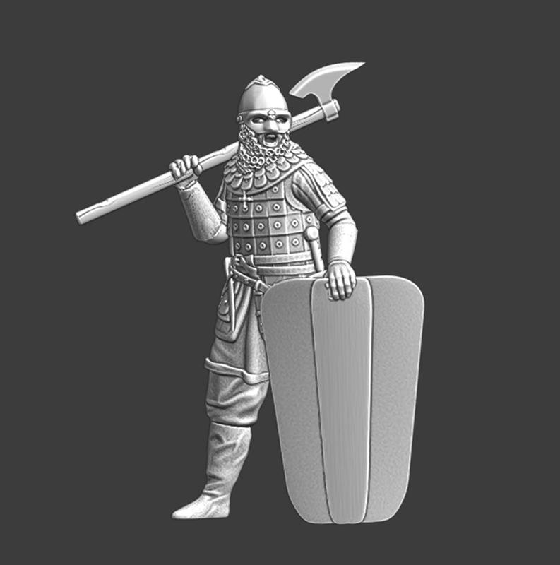 Medieval Rus with large axe on shoulder