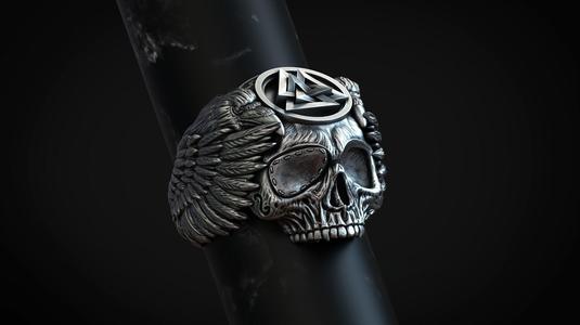Ring skull Odin Viking with ravens and valknut for 3d printing