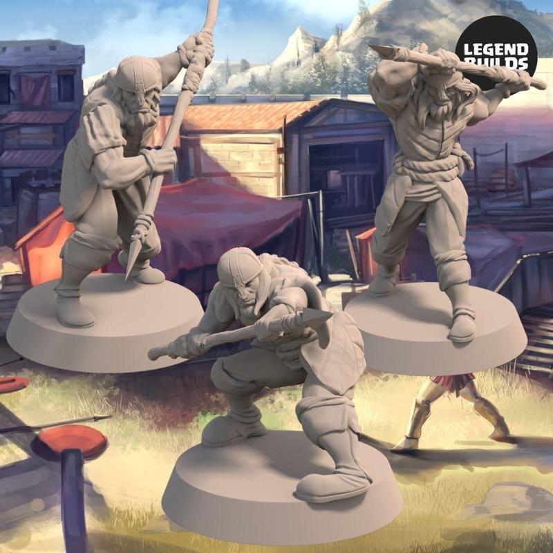 Acenii Barbarian Spearmen (3 unique miniatures) – 3D printable miniature – STL file