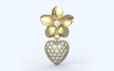Plumeria Flower Diamond Set Pendant With Dangling Heart