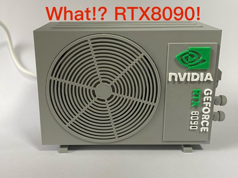 “NVIDIA RTX 8090 Graphics Card”  A small lamp shaped like an air conditioner outdoor unit