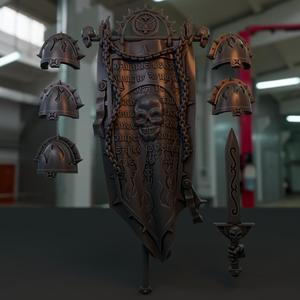Damned Flame Legion Banner, Pads, Sword