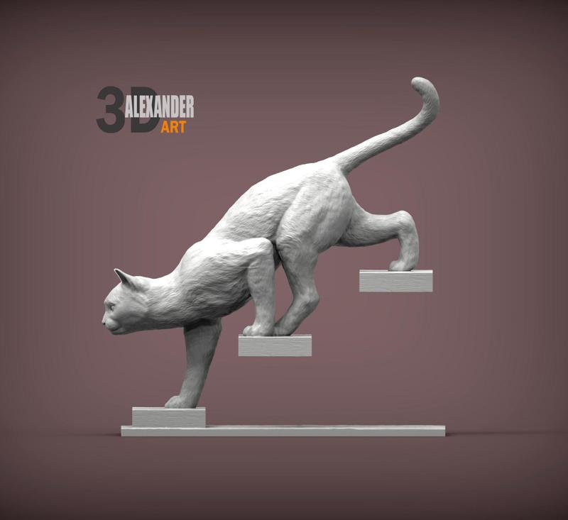 The cat goes down the stairs