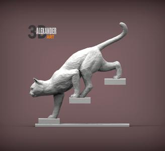 The cat goes down the stairs