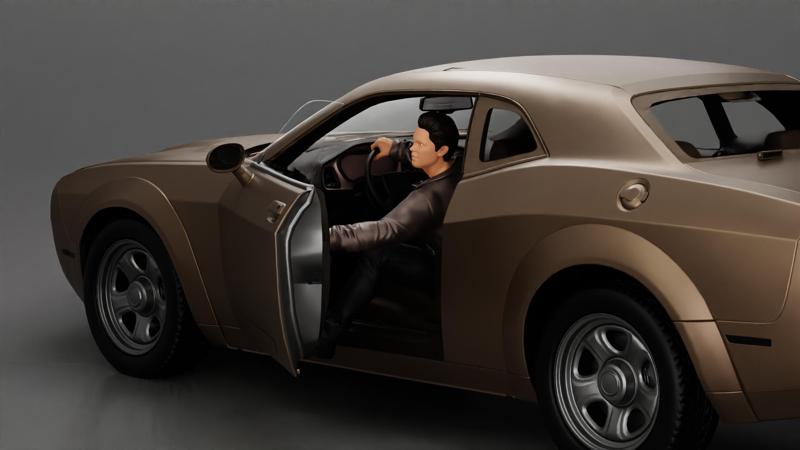Man in a leather jacket sitting on the car and closing the car door