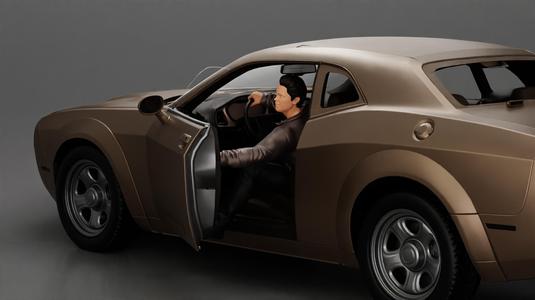 Man in a leather jacket sitting on the car and closing the car door