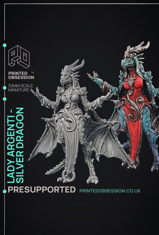 Lady Argenti – Female Silver Dragon Humanoid Form – PRESUPPORTED – Illustrated and Stats – 32mm scal