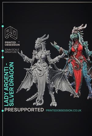 Lady Argenti – Female Silver Dragon Humanoid Form – PRESUPPORTED – Illustrated and Stats – 32mm scal