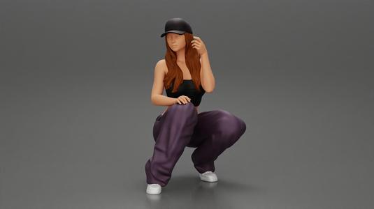 Chola gangster homie lowrider girl in cap sitting beside car