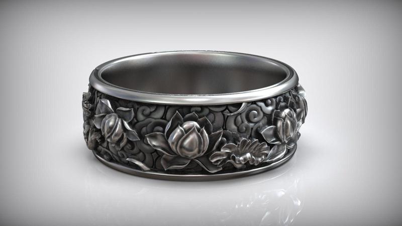 Japanese Lotus Flower Kanji Ornamental Wedding Band