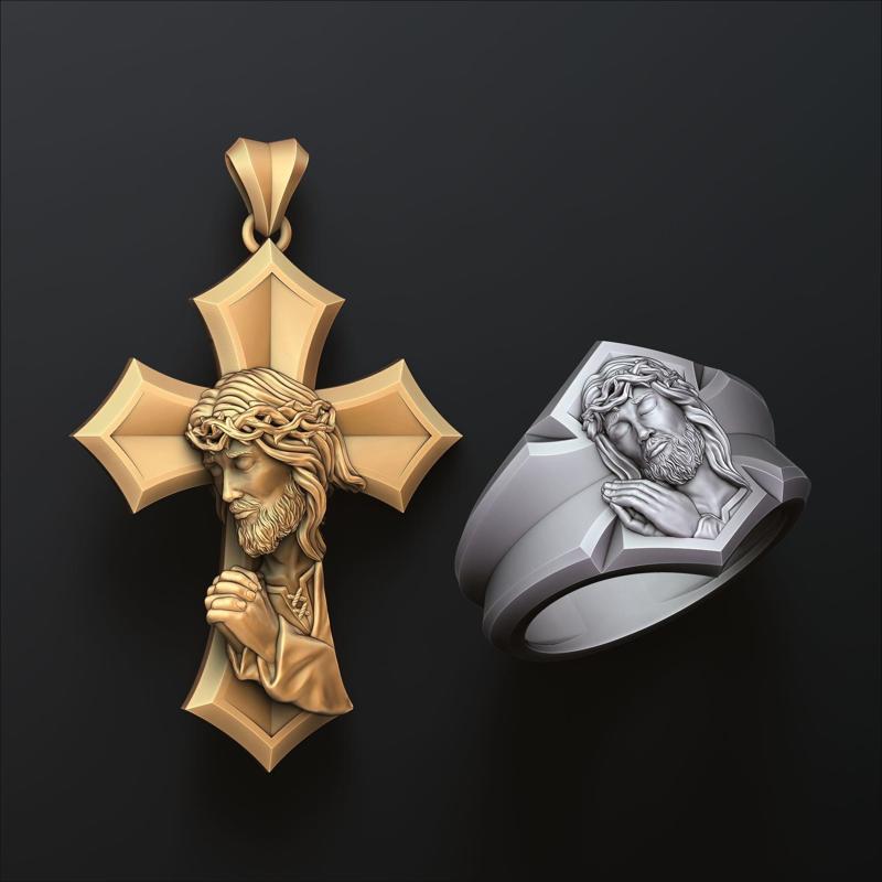 Praying Jesus Cross Ring Pendant Set Pack