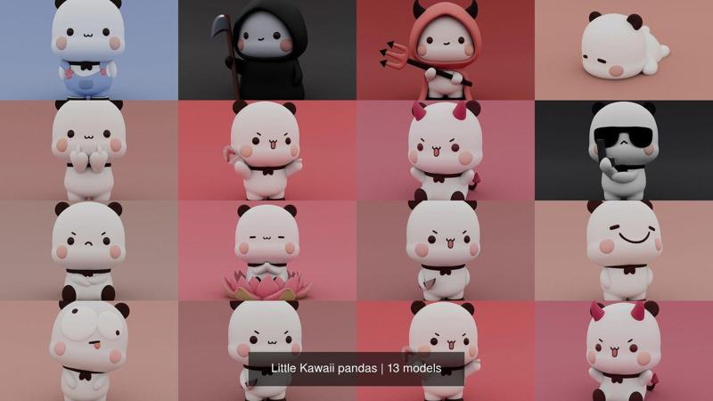 Little Kawaii pandas 3D Model Collection