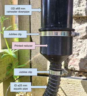 Rainwater downpipe reducer to aquatic hose (pipe OD 65mm –> ID 25mm hose)