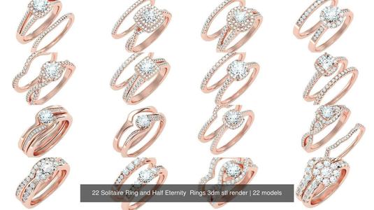 22 Solitaire Ring and Half Eternity  Rings 3dm stl render 3D Model Collection