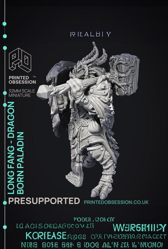 Dragonborn Paladin – Longfang – PRESUPPORTED – Illustrated and Stats – 32mm scale