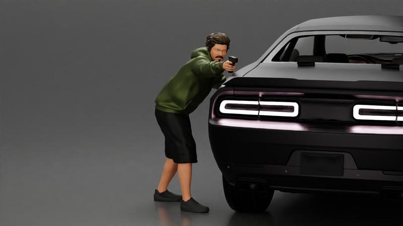 gangster man in a hoodie and shorts shooting a gun behind the car