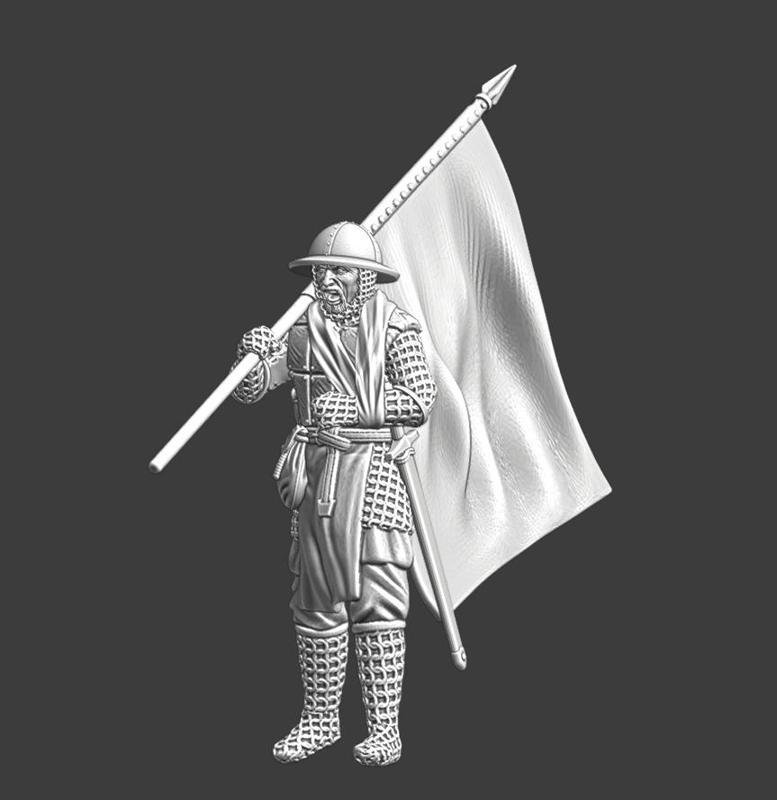 Wounded medieval soldier walking with banner