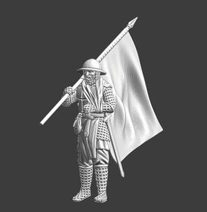 Wounded medieval soldier walking with banner