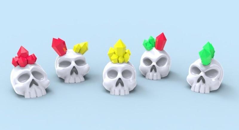 5 skulls with cristals