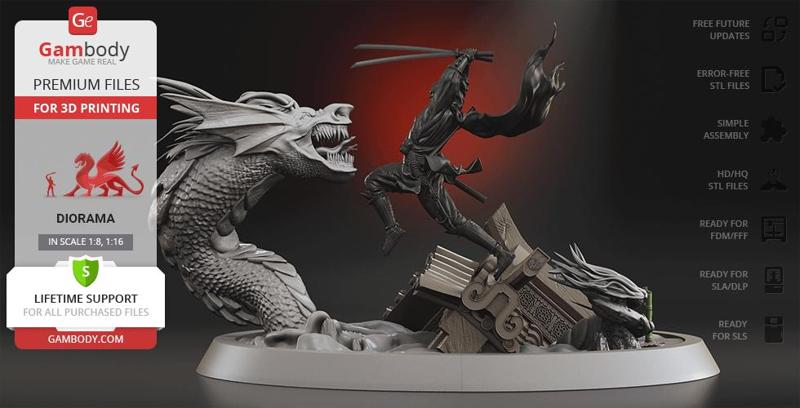 Batman Ninja vs Joker Dragon Diorama STL files for 3D Printing | Assembly Model