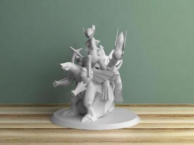 Pokémon statues of Palkia, Dialga, and Arceus