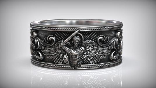 Saint Michael Archangel with Sword and Demon Head Ring