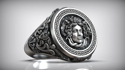 Medusa Gorgona Snake Head Greek Antique Meander Pattern Signet