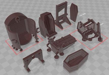 Torture Equipment – Rack/Coffin/Stocks/Guillotine/Chair/Iron Maiden 28mm